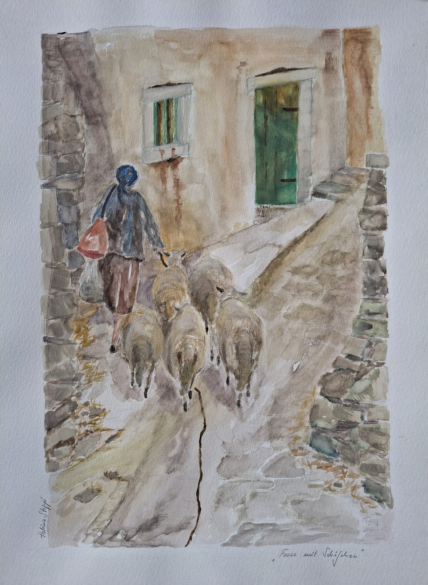 Frau mit Schäfchen – Aquarell von Patrizia Steppi