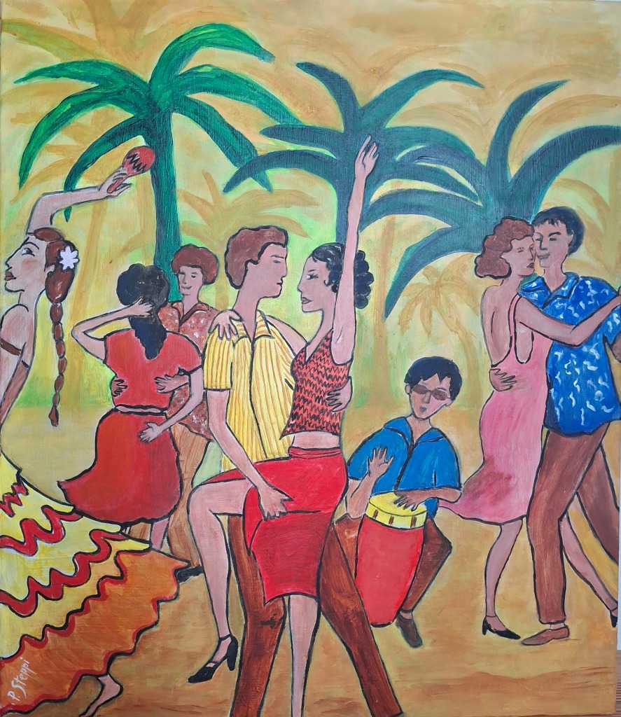 Acrylgemälde Tanzende Paare – Farbenfrohe sommerliche Tanzszene unter Palmen von Patrizia Steppi